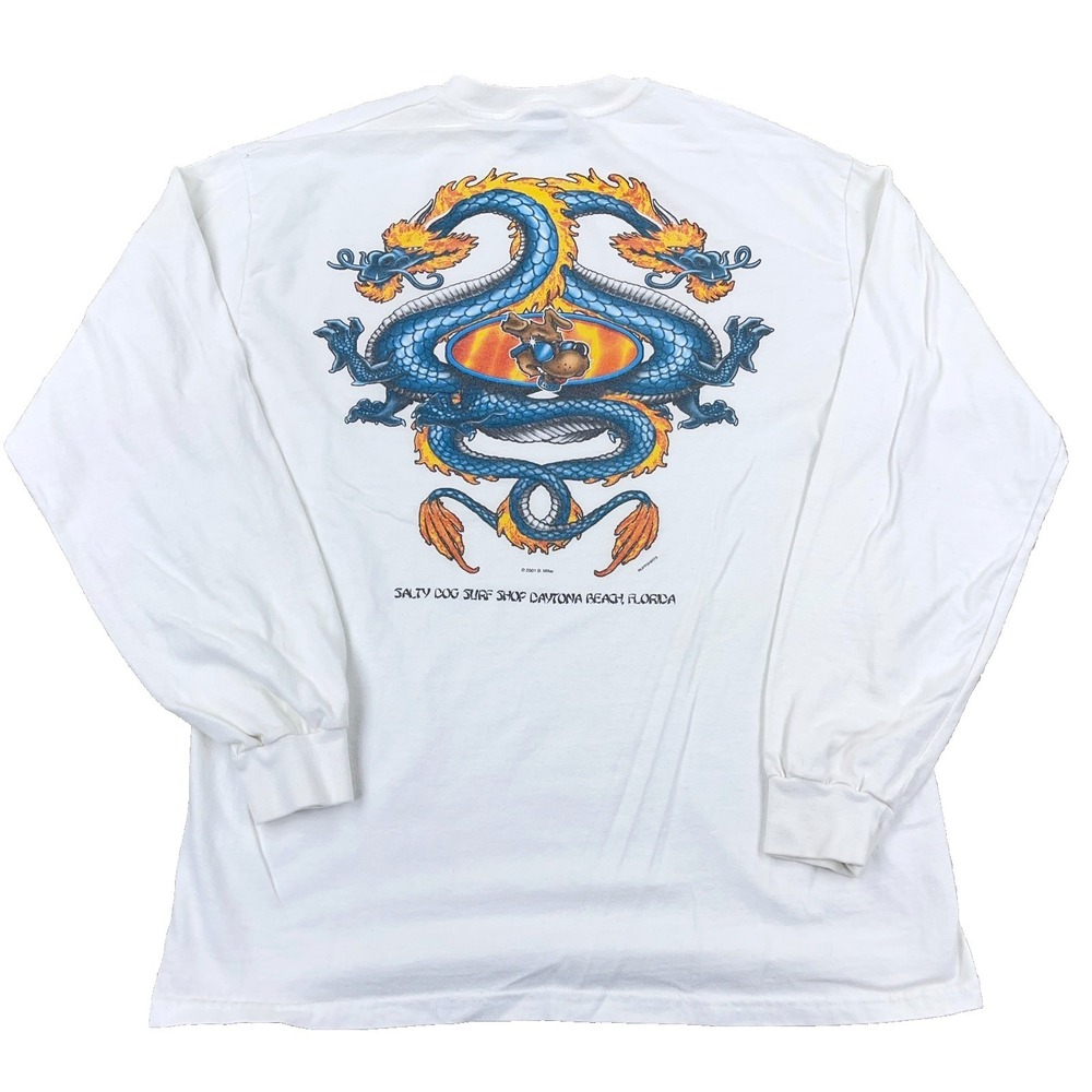 Vintage Y2K Salty Dog Surf Shop Shirt‎ Men Medium Whit Flaming Dragon Skate *